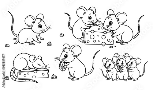 A set of cute cartoon mice illustrations in a line art style