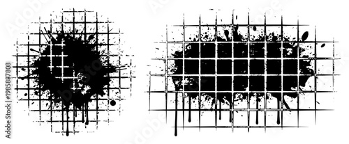 Ink blotches and splatters on grid background in grunge dripping style
