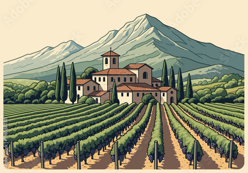 Vintage Illustration of a Mediterranean Vineyard and Winery with Scenic Mountains and Cypress Trees