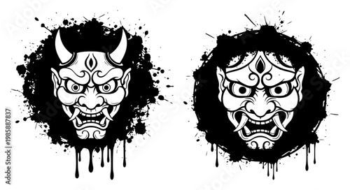 Japanese Hannya mask silhouettes surrounded by ink splatters in grunge style