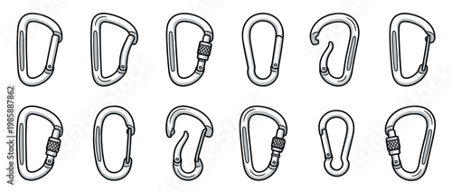 Carabiners collection vector illustration featuring various shapes and types of climbing and safety clips for outdoor activities.