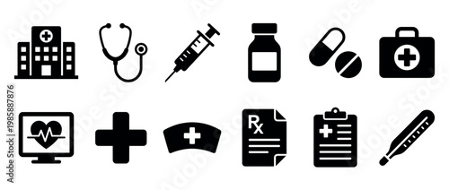 Medical icons set featuring essential healthcare symbols like a hospital, stethoscope, syringe, pills, and first aid kit, representing various aspects of health and treatment.