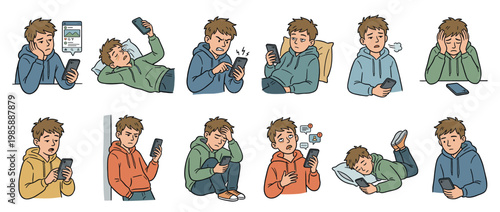 Young man displaying a range of negative emotions and behaviors associated with smartphone overuse and digital dependency.