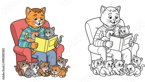 Cute Cat Father Reading Story Book to Little Kittens in Armchair Illustration Coloring Page Set