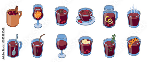 Mulled wine drinks collection featuring various hot spiced beverages served in different glasses and mugs with festive garnishes.