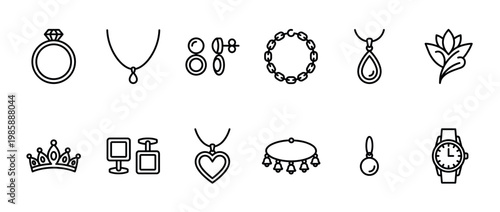 Jewelry accessories fashion items collection with elegant rings, necklaces, earrings, bracelets, and watches in a minimalist line art style.