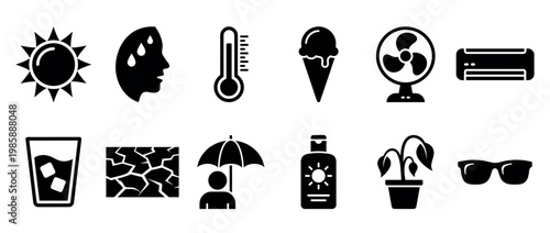 Summer heat icons collection depicting various elements related to hot weather, sun protection, and cooling methods.