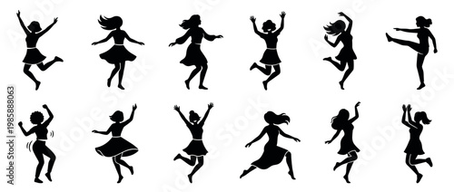 Collection of happy women silhouettes jumping and dancing with joy, expressing freedom and energetic movement in various poses.