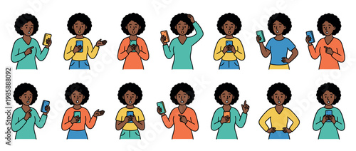 African American woman character holding a smartphone with various surprised and confused facial expressions and gestures, illustrating digital communication and reactions.