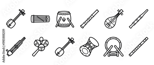Traditional musical instruments line art icons collection featuring various string, wind, and percussion instruments in a simple outline style.