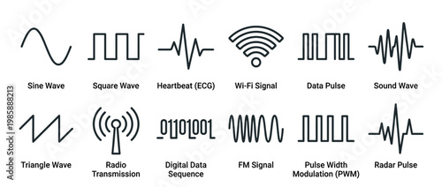 Collection of various wave and signal icons including sine, square, heartbeat, Wi-Fi, data, sound, triangle, radio, digital, FM, PWM, and radar pulses.