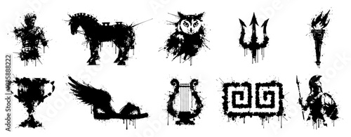 Ancient Greek icons set including trojan horse and trident with ink splatters in grunge style