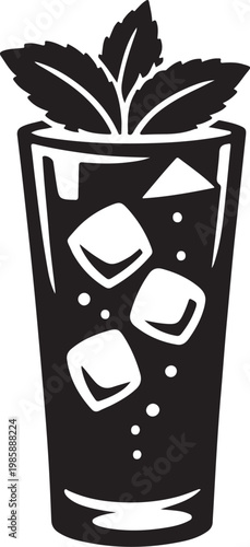 clean black silhouette of mint leaves in mojito glass