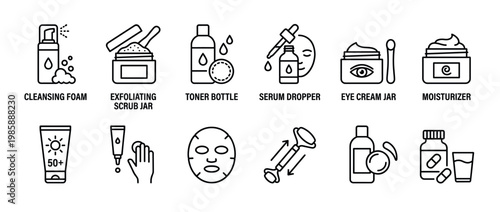 Skincare products and beauty routine items line art icons collection illustrating various cosmetic essentials for daily facial and body care regimen.