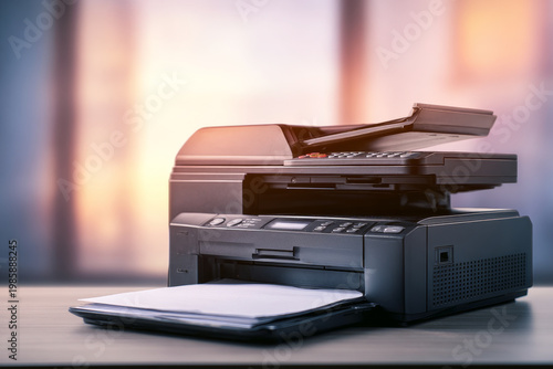 Modern multifunction printer with scanner and copier on office desk in bright workspace. Professional printing device ready for document management and business productivity tasks