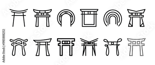 Torii gate icons collection featuring various traditional Japanese shrine entrance designs in a modern line art style.