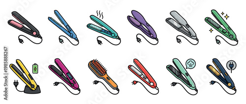 Hair straighteners and styling tools collection with various designs and features for personal care and beauty routines.