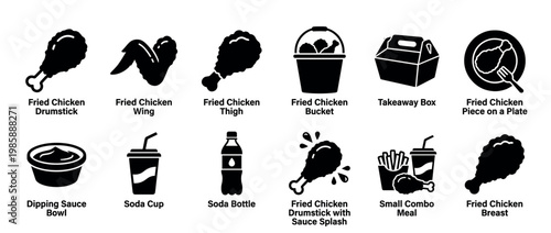 Fried chicken fast food icons collection featuring various chicken parts, combo meals, drinks, and sauces in a simple silhouette style.