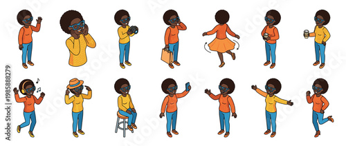 African American woman isometric illustration set showing various daily activities and positive emotions in a cheerful cartoon style.