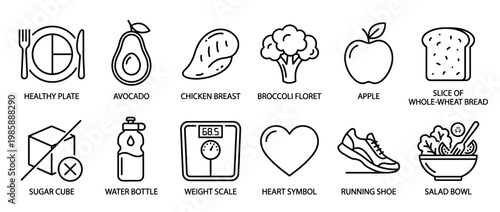 Collection of outline icons representing healthy eating, fitness, and wellness concepts for a balanced lifestyle and active living.