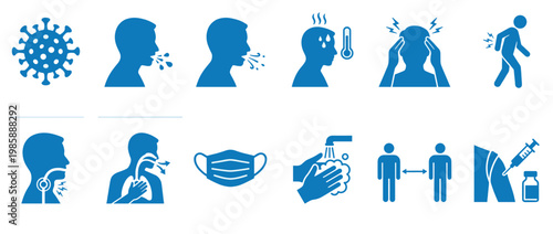 Health medical virus disease prevention and treatment icons set illustrating various symptoms and protective measures against illness.