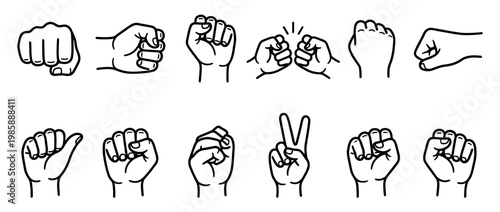 Hand gestures collection in line art style showing various human expressions, game elements, and symbolic meanings.