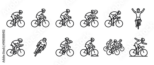 Cyclists riding bicycles in various poses, including racing, winning, and experiencing common cycling scenarios, depicted as a set of modern line art icons.