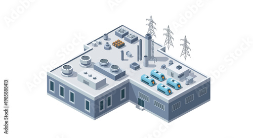 Isometric view of a modern industrial factory building with cooling towers and power lines, symbolizing production and energy infrastructure