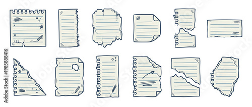 Hand drawn ripped paper notes collection with various torn edges and doodles, perfect for reminders, messages, and creative design elements.