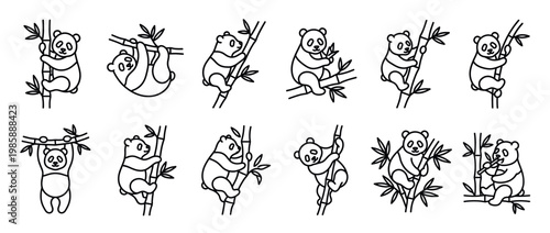 Cute pandas climbing and playing on bamboo branches in a charming line art illustration collection, depicting various adorable poses.