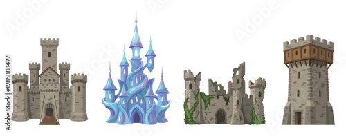 Collection of cartoon castles and towers featuring various architectural styles from classic stone to fantasy ice palace and ancient ruins.