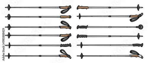 Collection of ski poles and trekking poles for winter sports and outdoor hiking activities, featuring various designs and styles.