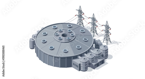 Illustration of a modern power plant facility with transmission towers in the background, showcasing industrial infrastructure and electricity generation