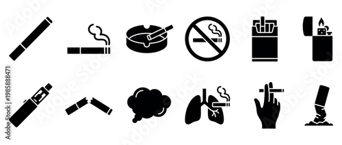 Smoking related icons and symbols collection illustrating tobacco products, vaping devices, and health warnings.