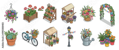 Collection of isometric floral elements, including potted plants, flower baskets, market stalls, and gardening items, perfect for spring and summer designs.