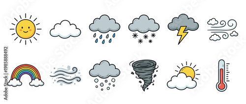 Cute cartoon weather icons set featuring various meteorological conditions like sun, rain, snow, wind, and a thermometer for forecast graphics.