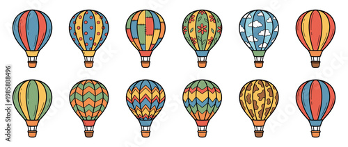 Colorful hot air balloons with various patterns and designs, depicted in a charming cartoon doodle style for whimsical illustrations.