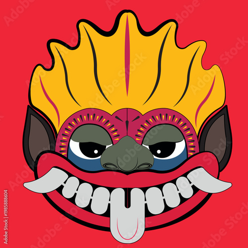 Bold cartoon-style traditional devil mask illustration with exaggerated facial features, vibrant red background, and bright yellow, red, and black details. 