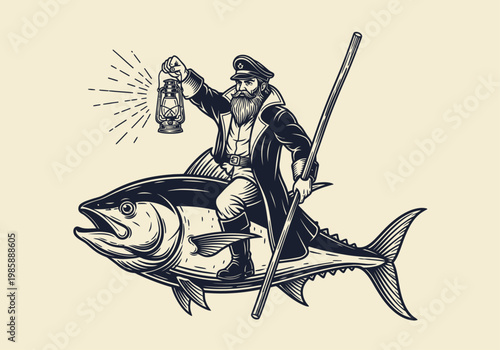 Vintage Sea Captain Riding a Giant Tuna Fish Illustration, Nautical Engraving with Lantern and Harpoon