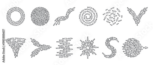 Fish schools forming various intricate patterns and shapes, illustrating concepts of unity, movement, and collective behavior in nature.