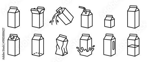 Collection of outline milk carton icons depicting different forms of liquid packaging, from full to crumpled.