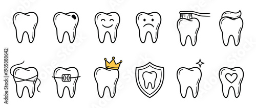 Cartoon teeth icons illustrating various dental health concepts, from healthy and happy to cavities, brushing, flossing, braces, and protection.