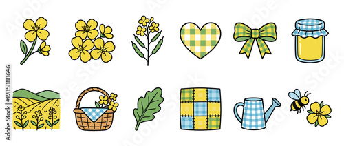 Charming canola rapeseed flowers, honey jar, and gingham patterned elements create a delightful spring farm agriculture vector illustration set.