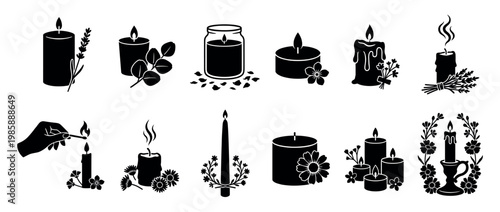 Collection of various aromatherapy candles with botanical elements for relaxation, spa, and home decor.