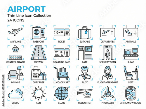 A comprehensive collection of professional airport and aviation thin-line icons featuring essential travel services, flight operations, and passenger terminal equipment