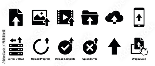 Upload icons set for data transfer, including file, image, video, folder, cloud, server, and mobile uploads, along with progress, complete, error, and drag and drop functionalities.