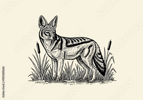 Black-Backed Jackal Vintage Woodcut Style Illustration, Wild Canid in Reeds and Grass, Linocut Engraving Style Wildlife Art