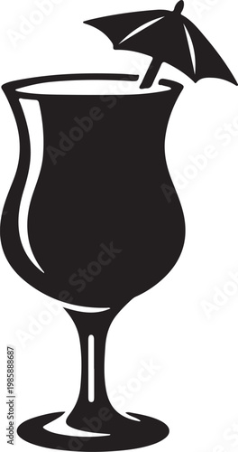 Clean black silhouette of cocktail glass with umbrella