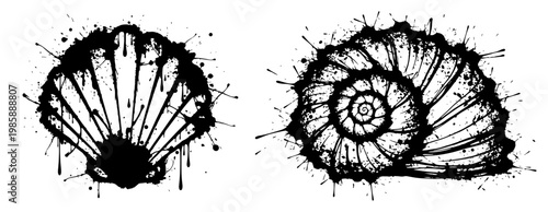 Foto Seashells with scallop and spiral conch designs in ink splatter style