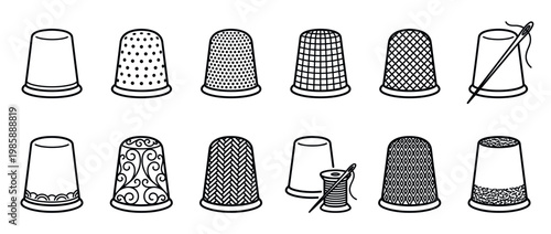 Collection of various thimbles and sewing tools featuring different patterns and designs for needlework and crafting projects.